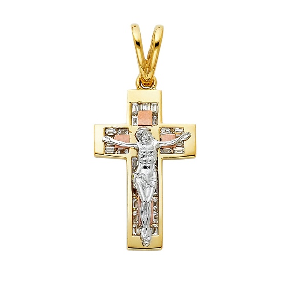 14K Tri Color CZ Religious Crucifix Pendant